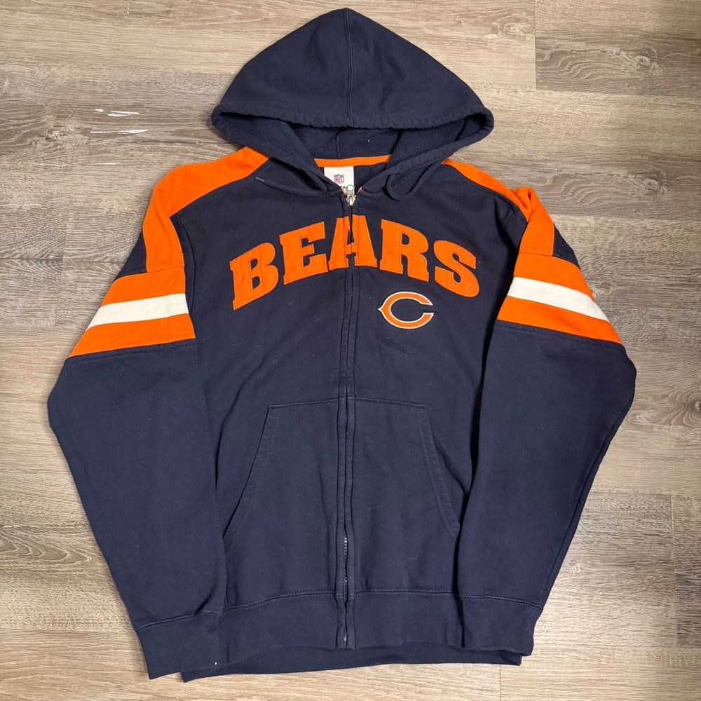 NFL Chicago Bears Full Zip Hoodie Navy Blue‎ Orange Spellout Logo Mens Small